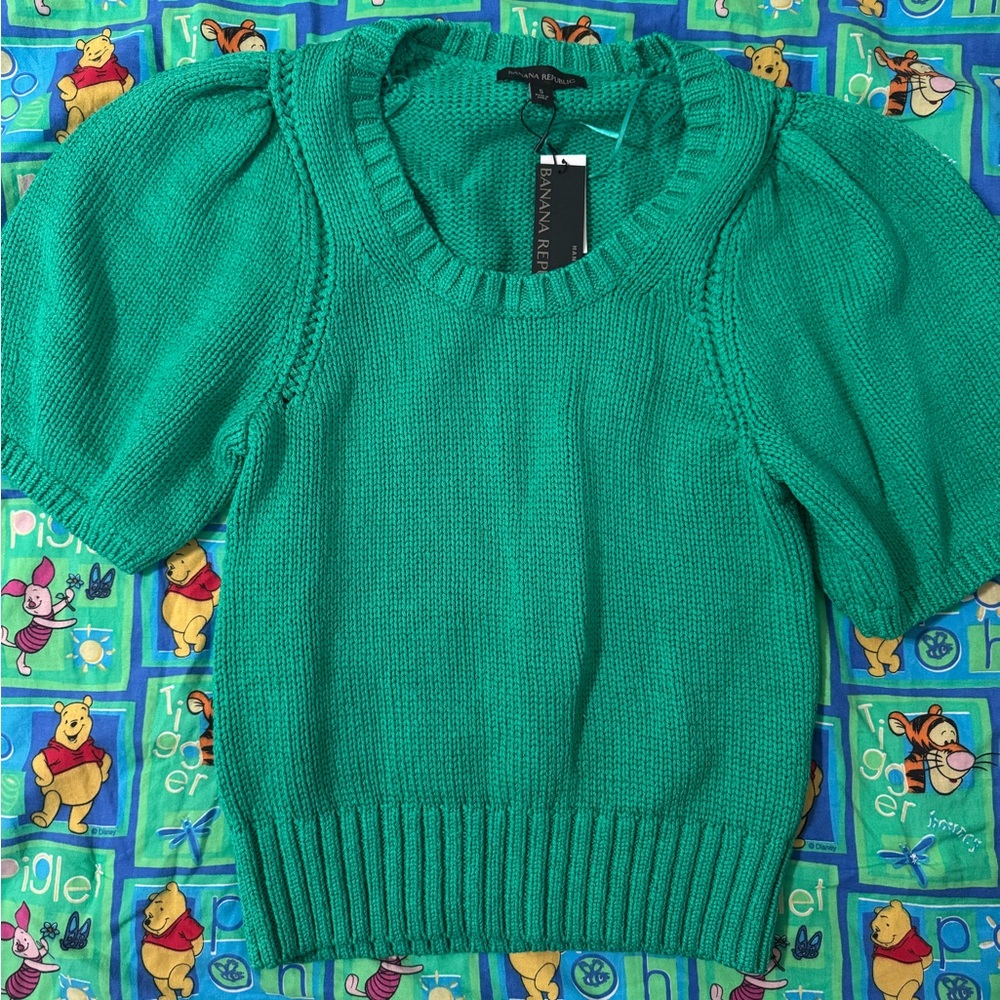 Banana Republic Green Crew Neck Sweater with Puff Sleeves